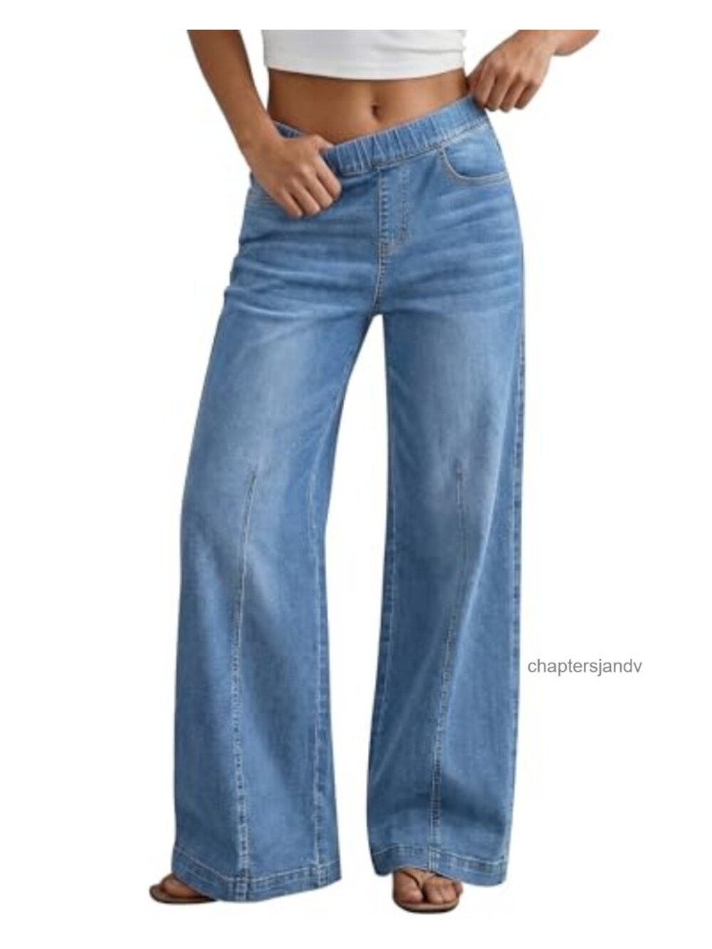 Wide Leg High Rise Pull On Elastic Waist Denim Jeans Stretch Pants